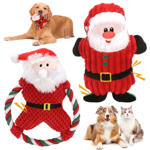 NIDONE 2 x weihnachtliches, quietschendes Plüsch-Hundespielzeug, gefülltes Kauspielzeug mit Baumwollseil für das Zahnen von Welpen, interaktives, langlebiges Kauspielzeug für Hunde von NIDONE