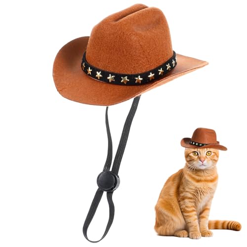 Haustier Cowboyhut für Katze, braun, S, klein (10 × 14 × 5,7 cm/3,93 × 5,51 × 5,7 cm), Filz, verstellbarer Riemen, Halloween, Cowboy, Katzenhut, Haustierkostüm-Zubehör von NIEBYI