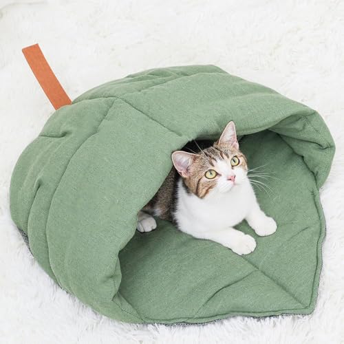 Katzenschlafsack, Leinenstoff, Katzenbett, Höhle, Blattnest, Haustier-Kuschelzone, verdeckte Kapuze, gemütlich, weich, langlebig, waschbar, mit rutschfester Unterseite, für Welpen und Kätzchen im Katzenschlafsack, Leinenstoff, Katzenbett, Höhle, Blattnest, Haustier-Kuschelzone, verdeckte Kapuze, gemütlich, weich, langlebig, waschbar, mit rutschfester Unterseite, für Welpen und Kätzchen im von NIEBYI