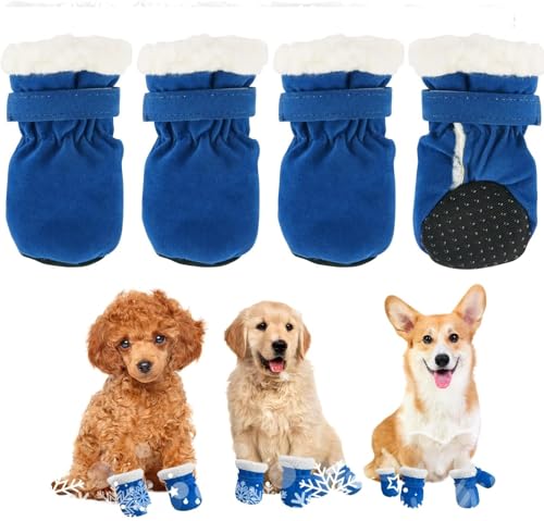 4 Stück Hundeschuhe Pfotenschutz wasserdichte Schneeschuhe mit Anti-Rutsch Sohle Outdoor Pfotenschützer für kleine und mittlere Hunde Herbst Winter (Blau) von NIEEKRUN