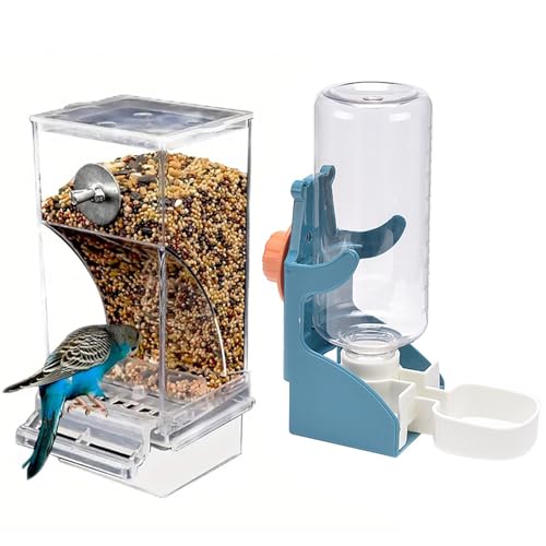 NIENIE No Mess Vogelfutterspender Wasserspender Set, Automatischer Transparenter Papageienfutterspender Acryl Papagei Futterbehälter Trinker, Blau (2 Stück) von NIENIE