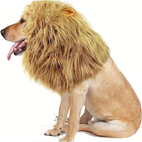 Löwenmähne für Hunde, schwarze Löwenmähne für Hunde, Löwenmähne-Kostüm für Hunde, realistische verstellbares Löwenmähne-Kostüm für Hunde mit Ohren für mittelgroße und große Hunde (M,Hellbraun) von NIJIESHENG