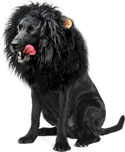 Löwenmähne für Hunde, schwarze Löwenmähne für Hunde, Löwenmähne-Kostüm für Hunde, realistische verstellbares Löwenmähne-Kostüm für Hunde mit Ohren für mittelgroße und große Hunde (M,Schwarz) von NIJIESHENG