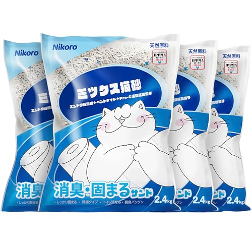 NIKORO Gemischtes Katzenstreu, stark klumpende Katzenstreu, Geruchskontrolle und geruchlos, ultra-saugfähig, wasserspülbar, Bentonit-Tofu-Katzenstreu, staubfrei, parfümfrei, 9,5 kg (4 Beutel) von NIKORO