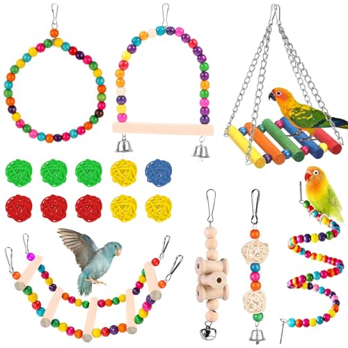 NINGYER 17 Stück Wellensittich Spielzeug, vogelspielzeug aus Holz, Vogelspielzeug für Wellensittiche, Hängende Glocke, Schaukel, Holzleiter, Vogelkäfig Spielzeug von NINGYER