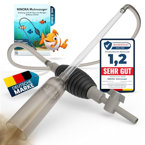 NINORA® Mulmsauger Aquarium – Kiesreiniger, Bodenreiniger & Wasserwechsel mit Pumpe und Schlauchventil Sicher für Fische, ohne Chemie I Für kleine & große Aquarien I Aquarium Zubehör inkl. E-Book von NINORA