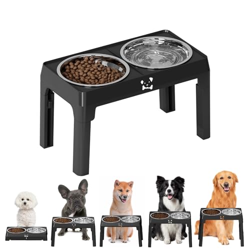 Erhöhter 3-in-1-Hundenapf mit Ständer, erhöhter Hundenapf mit langsamem Futternapf, kein Verschütten, langsames Wasser und Edelstahlnäpfe, 5 höhenverstellbare Hundefutterständer für kleine von NKFOOPDU