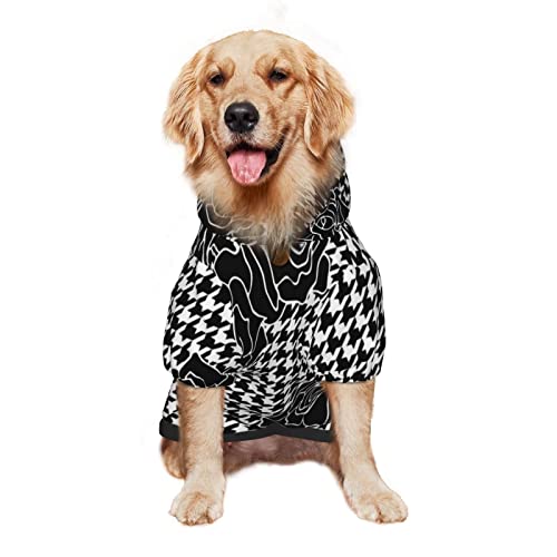 Großer Hunde-Kapuzenpullover, Rosen, schwarzer Hahnentrittmuster, kariert, Haustierkleidung, Pullover mit Mütze, weicher Katzen-Outfit-Mantel, klein von NLWQEKV