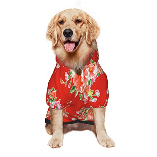 Großer Hunde-Kapuzenpullover, chinesisches Asien-Blumenmuster, rot kariert, Haustierkleidung, Pullover mit Mütze, weicher Katzen-Outfit-Mantel, klein von NLWQEKV
