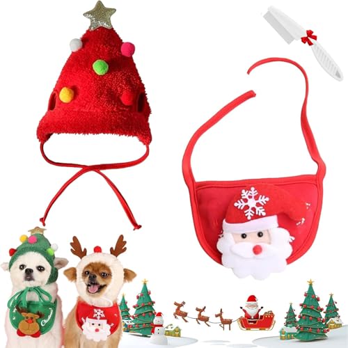 Adorable Weihnachtsbaum Pom-Pom Hut, Verstellbarer Hund Weihnachtsmütze, Hund Santa Hut, Katze Santa Baum Kostüm, Weihnachtsdeko Für Kleine Hunde Katzen Haustiergeschenke (B,S) von NNBWLMAEE