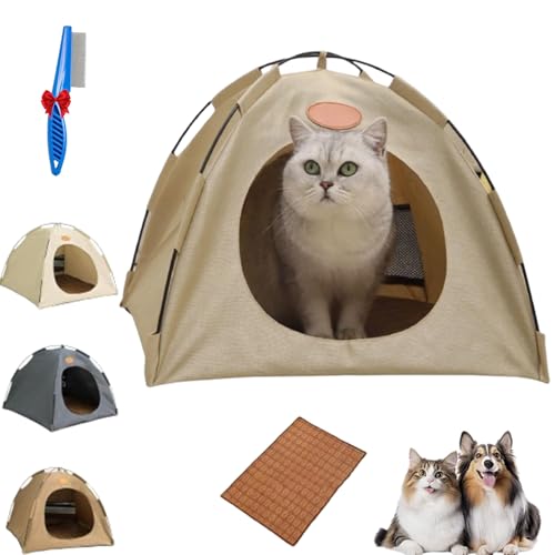BreezyDen Pop-Up Pet Tent, Portable Hideaway for Cats & Small Dogs, Cat Tents for Indoor Cats with Mesh Window, Waterproof, Cooling Mat, Breathable Mesh & Non-Slip Base, Fully Washable (Beige,S) von NNBWLMAEE