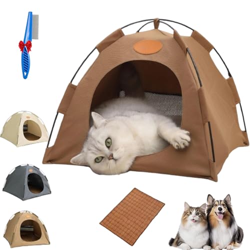 BreezyDen Pop-Up Pet Tent, Portable Hideaway for Cats & Small Dogs, Cat Tents for Indoor Cats with Mesh Window, Waterproof, Cooling Mat, Breathable Mesh & Non-Slip Base, Fully Washable (Coffee,S) von NNBWLMAEE