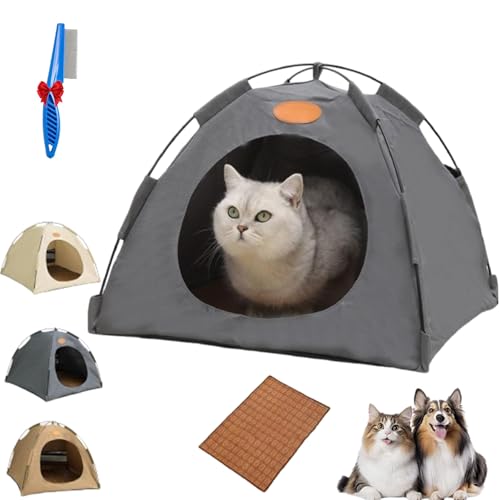 BreezyDen Pop-Up Pet Tent, Portable Hideaway for Cats & Small Dogs, Cat Tents for Indoor Cats with Mesh Window, Waterproof, Cooling Mat, Breathable Mesh & Non-Slip Base, Fully Washable (Gray,M) von NNBWLMAEE