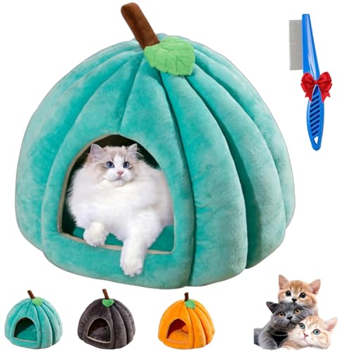 Kürbis-Katzenbett, 2025 Neue Halloween-Katzenhöhle, Süßes Katzenzelt In Kürbisform Mit Abnehmbarem Kissen, Warmes Nest Für Katzen Und Welpen Für Drinnen (Blue,S) von NNBWLMAEE