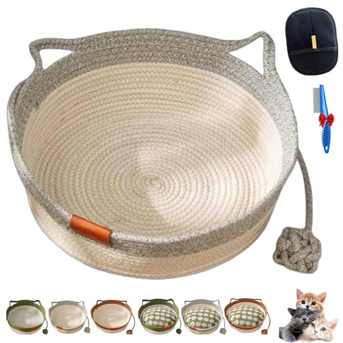 NNBWLMAEE Cutypet Katzenkorb, Handgeflochtenes Baumwollbett Mit Spielzeugschwanz, Rundes Katzennest Atmungsaktiv Langlebig Mit Kratzpad & Spielball Für Katzen Hunde Ganzjährig (Gray,Large) von NNBWLMAEE