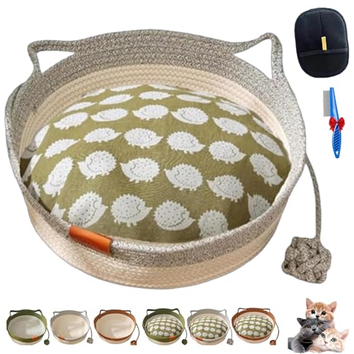 NNBWLMAEE Cutypet Katzenkorb, Handgeflochtenes Baumwollbett Mit Spielzeugschwanz, Rundes Katzennest Atmungsaktiv Langlebig Mit Kratzpad & Spielball Für Katzen Hunde Ganzjährig (Gray with Mat,Small) von NNBWLMAEE