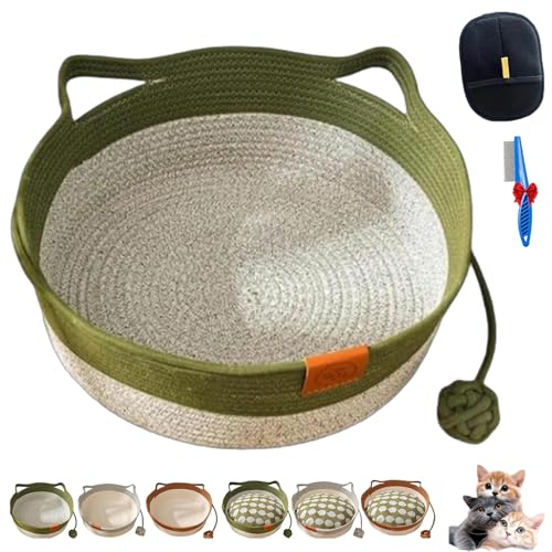 NNBWLMAEE Cutypet Katzenkorb, Handgeflochtenes Baumwollbett Mit Spielzeugschwanz, Rundes Katzennest Atmungsaktiv Langlebig Mit Kratzpad & Spielball Für Katzen Hunde Ganzjährig (Green,Medium) von NNBWLMAEE