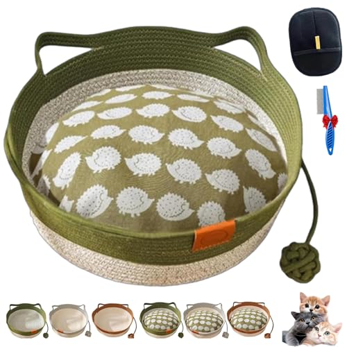 NNBWLMAEE Cutypet Katzenkorb, Handgeflochtenes Baumwollbett Mit Spielzeugschwanz, Rundes Katzennest Atmungsaktiv Langlebig Mit Kratzpad & Spielball Für Katzen Hunde Ganzjährig (Green with Mat,Large) von NNBWLMAEE
