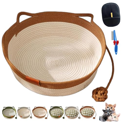 NNBWLMAEE Cutypet Katzenkorb, Handgeflochtenes Baumwollbett Mit Spielzeugschwanz, Rundes Katzennest Atmungsaktiv Langlebig Mit Kratzpad & Spielball Für Katzen Hunde Ganzjährig (Khaki,Small) von NNBWLMAEE