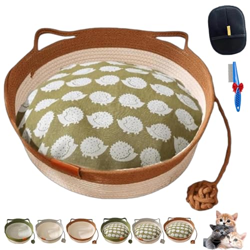 NNBWLMAEE Cutypet Katzenkorb, Handgeflochtenes Baumwollbett Mit Spielzeugschwanz, Rundes Katzennest Atmungsaktiv Langlebig Mit Kratzpad & Spielball Für Katzen Hunde Ganzjährig (Khaki with Mat,Large) von NNBWLMAEE
