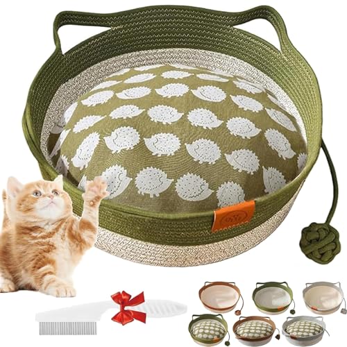 Virelapets Woven Rope Cat Basket, Virelapets Cat Toy Basket, Breathable Durable Natural Cotton Ropes Cats Baskets Bed, with Built-In Mat & Play Ball, Protects Furniture (Green Without pad, Large) von NNBWLMAEE