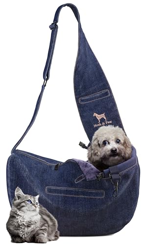 Noah & Paw Hundetragetasche für Kleine Hunde bis 10kg, Hundetasche mit Verstellbarem Schultergurt, und Weichem Fell, 3X Sicherheitsfunktion, Haustiere Tragetasche aus Premium Denim von NOAH & PAW