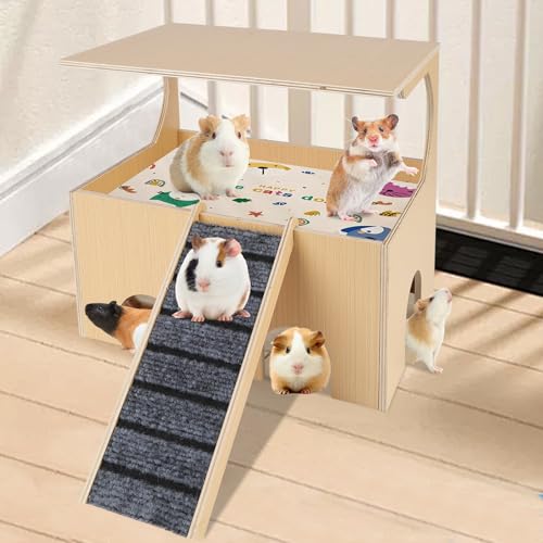 Großes Meerschweinchenversteck 2-stöckiges stabiles Meerschweinchenhaus aus Holz, Kleintierbett mit Treppe, für Kleintierversteck für Hamster, Chinchillas, Kaninchen, Meerschweinchen, Igel, von NOONEAU