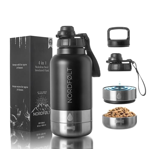 NORDFØLT®Trinkflasche Hunde Für Unterwegs, 4 in 1 Hundetrinkflasche für Unterwegs 950ml, Isolierflasche aus Edelstahl, Hundezubehör für Reise, Trinkflasche Hund mit Wassernapf und Futternapf, BPA-Frei von NORDFØLT