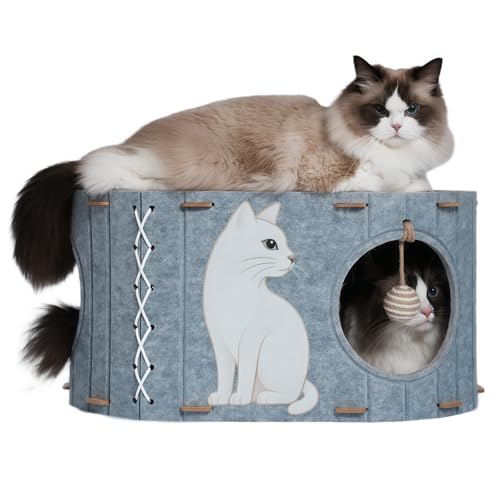 2-in-1 großes Katzenhaus für Indoor-Katzen, Filz-Katzenhöhle mit Kissen, zwei Eingängen & Sisalballspielzeug, geschlossenes Bett für große Katzen oder Multi-Katzen-Nutzung, unterstützt 40 Pfund 2-in-1 großes Katzenhaus für Indoor-Katzen, Filz-Katzenhöhle mit Kissen, zwei Eingängen & Sisalballspielzeug, geschlossenes Bett für große Katzen oder Multi-Katzen-Nutzung, unterstützt 40 Pfund von NOVGOBHOT
