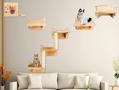 Massivholz Katzenwandmöbel, Katzenregale und Sitzstangen für Wand, Katzenkletterregal Spielplatz Set, Katzenkratzbaum mit 3 Stufen Wandregal für Innen, Katzenwohnungen Haus Geschenk für Katze von NOVGOBHOT