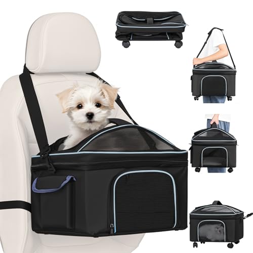 4-in-1 Hunde-Autositz und Hunde-Katzentrage mit abnehmbaren Rädern, Booster Autositze für kleine Hunde, kommt mit Schultergurt, Clip-On-Sicherheitsleine und verdickten Pads, Haustier-Reisetrage Bett von NOVOLAB