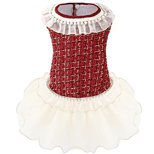 Elegantes Hundekleid aus Tüll, kariert, für Welpen, Katzen, Winterkleidung, Kleidung für kleine und mittelgroße Hunde, Mädchen-Kostüm, Hundegeburtstag, Hochzeit, Partykleid (Burgundy, L) von NOWDER