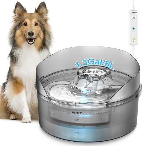 NPET 5L Hundewasserbrunnen, automatischer Hundewassernapfspender mit einstellbarem Wasserfluss & LED-Katzenwasserbrunnen mit Spritzschutz für Hunde, mehrere Haustiere von NPET