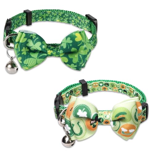 2 St Katzenhalsband mit Schleife, St Patrick's Day Cat Collar Katzenhalsband mit Glocke Haustier Halsband Vierblättriges Kleeblatt-Katzenhalsband für Haustier Weihnachten Thanksgiving-Geschenk von NQEUEPN