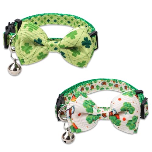 2 Stück Katzenhalsband mit Schleife, St. Patrick's Day Katzenhalsband Kätzchenhalsband mit Glöckchen Haustier-Fliegenhalsband für Weihnachten Thanksgiving-Geschenk von NQEUEPN