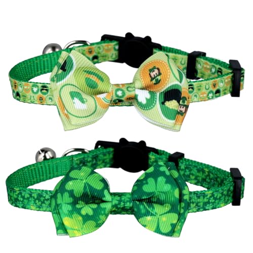 2 Stück St. Patrick's Katzenhalsbänder, Verstellbares St. Patrick's Haustierhalsband mit Metallschnalle Lucky Clover St. Patrick's Hundehalsband mit Fliege für Kleine und Mittelgroße Hunde von NQEUEPN