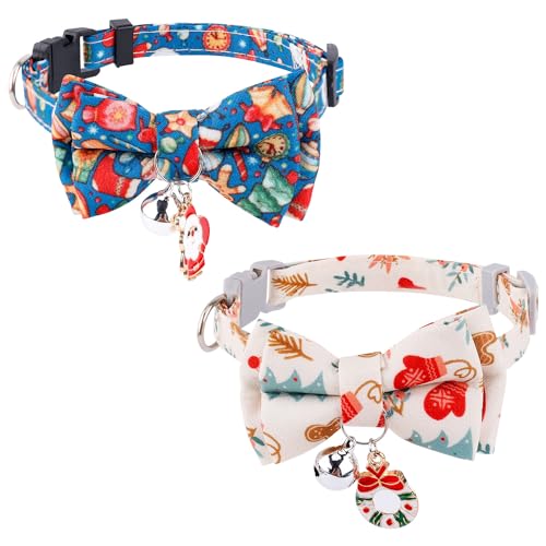 2 Stück Weihnachts Katzenhalsband, Katzenhalsband mit Fliege Katzenhalsband mit Glöckchen Verstellbares Kätzchenhalsband für Heimtierbedarf, Blau und Beige von NQEUEPN