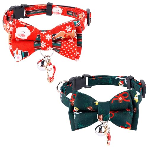 NQEUEPN 2 Stück Weihnachts Katzenhalsband, Katzenhalsband mit Fliege Katzenhalsband mit Glöckchen Verstellbares Kätzchenhalsband für Heimtierbedarf von NQEUEPN