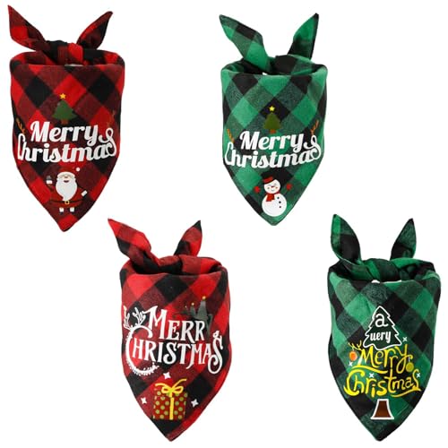 4 Stück Merry Christmas Hundehalstücher, Klassischer Büffelkarierter Weihnachtsschal für Hunde Dreieckige Party Kostüm Requisiten für Kleine Mittelgroße Hunde Katzen Welpen von NQEUEPN