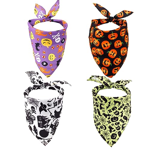 NQEUEPN 4st Halloween Dreieckstuch, Kürbisse Totenköpfe Spinnen Hundehalstuch Waschbar Atmungsaktiv Hundehalstuch Dreieck für Große Kleine Mittelgroße und Große Hunde und Katzen von NQEUEPN