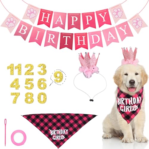 Rosa Hundegeburtstags-Partydekorationsset, Welpengeburtstagsdekorationen Hundegeburtstagsdekorhut Bandana Hundegeburtstagspartyzubehör für Welpen Haustiere Hunde (Stil 1) von NQEUEPN