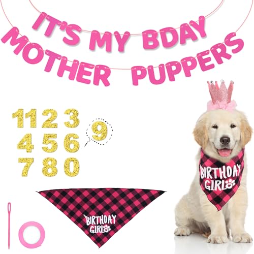 NQEUEPN Rosa Hundegeburtstags-Partydekorationsset, Welpengeburtstagsdekorationen Hundegeburtstagsdekorhut Bandana Hundegeburtstagspartyzubehör für Welpen Haustiere Hunde (Stil 2) von NQEUEPN