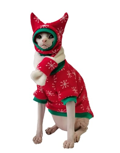 Sphynx Katzenkleidung, haarlose Katzenbekleidung, Katzenpullover nur für Katzen, Haustierkatzenmantel, Devon Cornish Cat Kleidung für Weihnachten, Katzen-Einteiler mit Hut-Schal, komplettes Set (XL, von NSIBAN