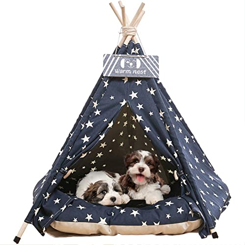 Pet Tipi Zelte, 61 cm, tragbares Indoor-Hunde-Tipi Bett mit dickem Kissen, waschbar, marineblaues Sternenmuster, Tipi-Zelt Haus für Welpen & Katze von NUKied