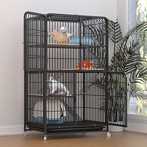 Katzenkäfig Indoor Katzenlaufstall Deluxe Kleintierkäfig mit Universalrädern Großer Auslaufplatz Ideal für 1-4 Katzen ( Color : Black , Size : :94*64*170cm ) von NUSCWAN