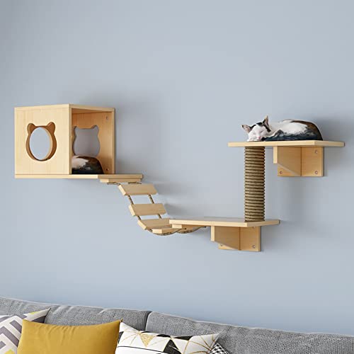 Katzenregal-Set, Wandmontiertes Katzenregal aus Massivholz, Katzenwandmöbel für den Innenbereich, handgefertigt zum entspannenden Spielen und Kratzen (Color : Package A) von NUSCWAN