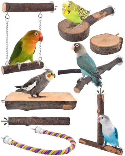 Vogelsitzstangen, 8 Stück, Naturholz, Papageienständer, Kauspielzeug, Käfigzubehör, hängende Sitzstange mit mehreren Zweigen, Plattform, Schaukelspielzeug, Seil-Sitzstangen für kleine und mittelgroße von NVARUPC