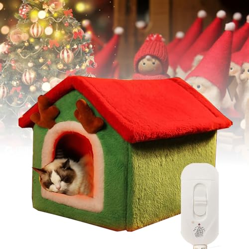 Elektrisch beheiztes Haustierbett für Weihnachten, niedliches Elchmuster, thermische Katzenhöhle mit 23,6''*15,7''*12,2'' 10kg/22lbs Gewicht, 3 Gänge, einstellbare Temperatur, kaubeständig von NVYAZJ