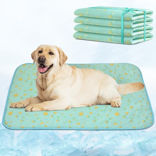 NWK Kühlmatte für Hunde, Eisseide, Kühlmatte für Hunde und Katzen, tragbare und waschbare Haustierdecke, Autositze, Betten für den Sommer (groß (99 x 69 x 0,8 cm), grüne Früchte, 4 Stück von NWK