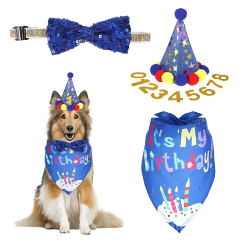 4 Stück Hunde Geburtstag Hut Set, Hundebekleidung & Zubehör mit Geburtstag Hut, Halstuch Hund, 8 Glitter Zahlen und Fliege, für Hunde, Katzen Haustiere Party(Blau) von NYTGAH